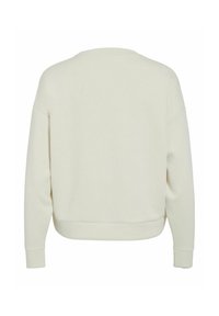 Sudadera de manga larga color crema con hombros caídos, puños acanalados y dobladillo acanalado, vista desde la parte de atrás.