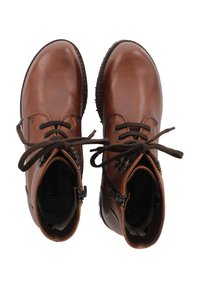 Brązowe skórzane botki za kostkę z okrągłymi noskami, sznurowanym zapięciem i detalami na zamek po bokach. Teksturowane podeszwy z małymi wypustkami.