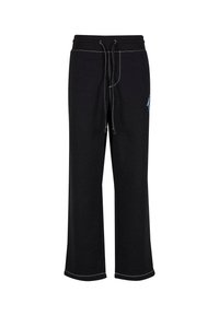 Pantalones de chándal negros de algodón con un corte relajado, que cuentan con una cintura ajustable y costuras en contraste blancas. Sin patrones ni acentos.