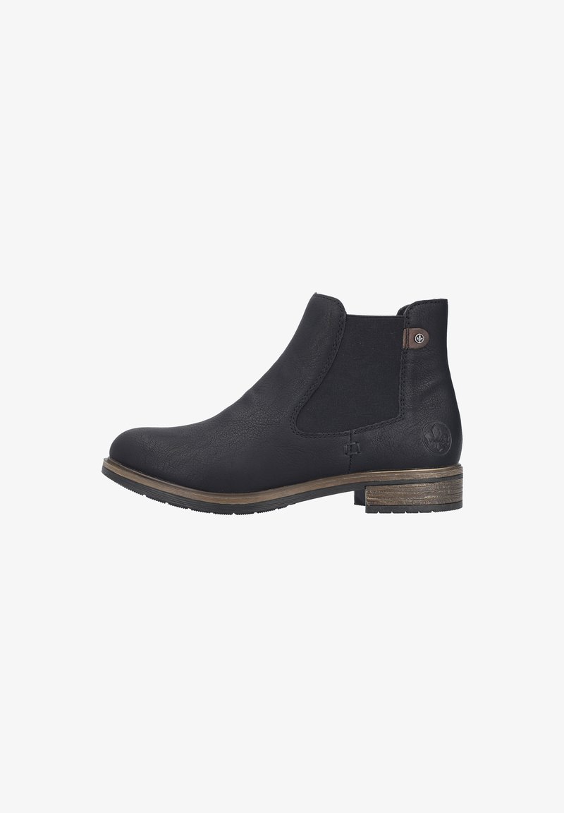 Bottines noires en matériau synthétique texturé avec un côté élastique, semelle plate et un petit logo sur le côté extérieur.