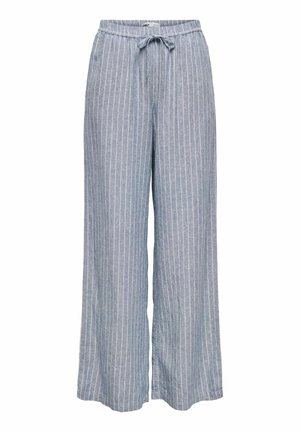 Pantalon bleu à jambes larges avec des rayures verticales blanches et une taille élastique munie d'un cordon de serrage.