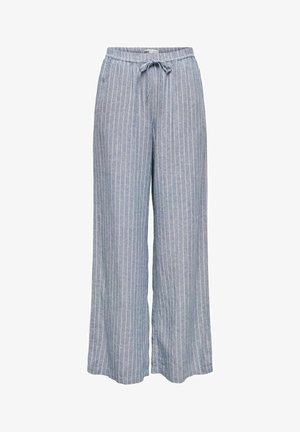 Pantalon bleu à jambes larges avec des rayures verticales blanches et une taille élastique munie d'un cordon de serrage.