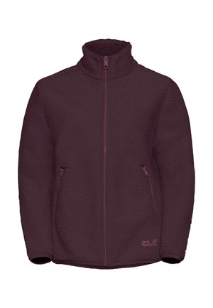 Giacca in pile marrone con colletto alto, zip frontale e due tasche laterali. Presenta una superficie morbida e testurizzata e il logo del marchio in basso a destra.