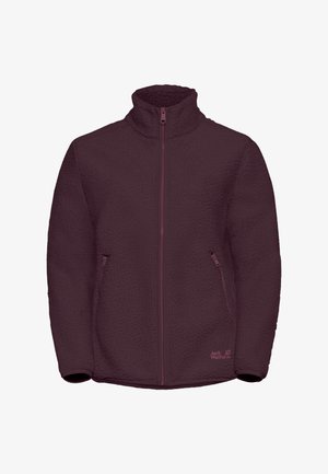 Maroons fleece jacket with high collar, front zipper, and two side pockets. Features soft, textured surface and brand logo on lower right.
