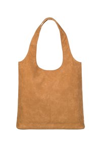 Hnědá kožená tote taška s hladkým povrchem, širokým zakřiveným držadlem a otevřeným vrchem. Má minimální švy a neostrukturovaný, obdélníkový tvar.