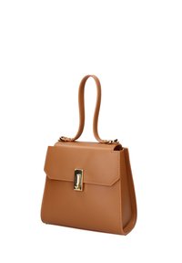 Borsa a tracolla in pelle tan con forma strutturata, manico superiore singolo, chiusura in hardware dorato e cuciture dettagliate lungo i bordi.