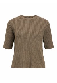 Maglione corto a maniche corte marrone a coste con scollo rotondo. Il tessuto sembra morbido e texturizzato, con righe verticali su tutta la superficie.