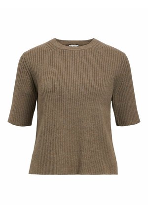 Suéter marrón de manga corta con cuello redondo. La tela parece suave y texturizada, con rayas verticales en toda su extensión.