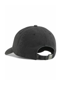 Black cotton baseball cap with a curved brim, adjustable strap at the back, and a silver logo accent near the strap. Textured fabric.