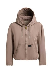 Helepruun lukuga kapuutsiga dressipluus, millel on nöörid, ees tasku ja taskul väike ristkülikukujuline silt.