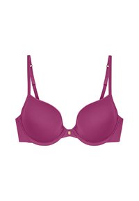 Formstøbt bøjle-bh i klar fuchsia med glat stof, justerbare stropper og guldfarvede detaljer foran i midten.