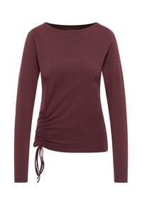 Bordeauxrotes Langarmshirt aus weichem Stoff, mit seitlicher Raffung und verstellbaren Bändern sowie einem Rundhalsausschnitt.