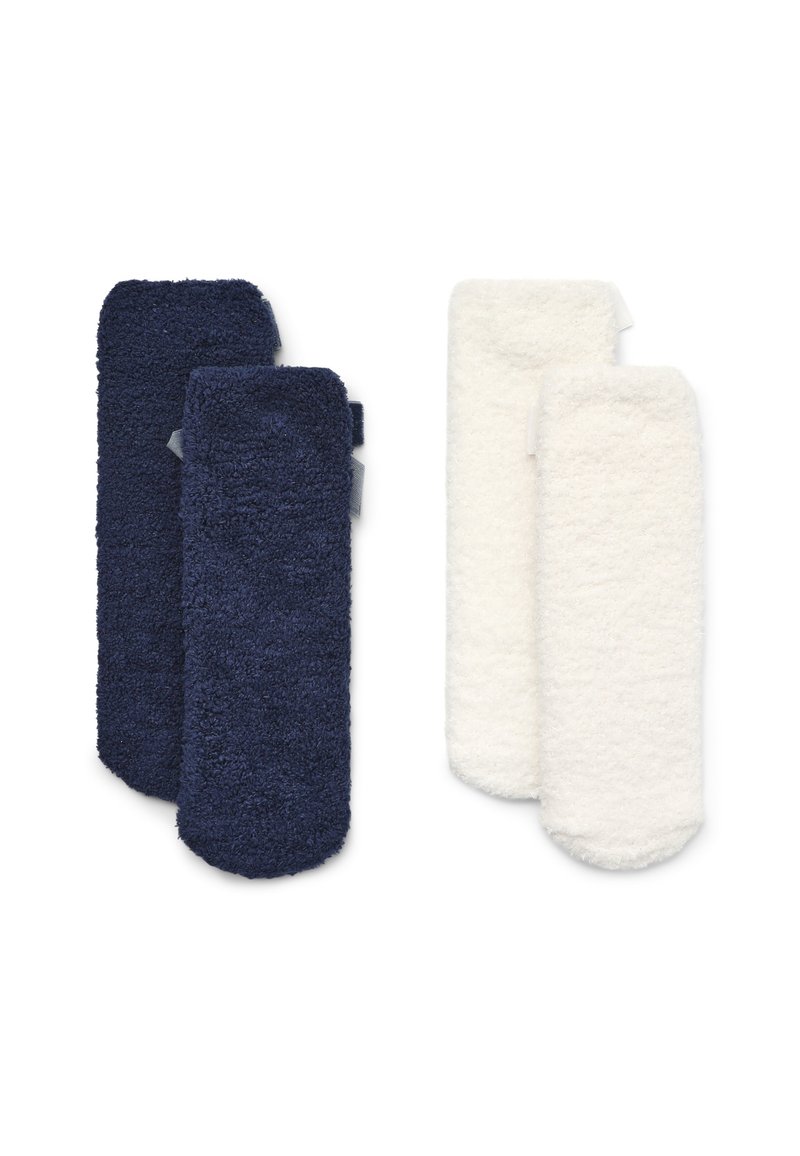 Set di due paia di calze, una blu navy e una bianca, realizzate in un morbido materiale in pile texturizzato. Ogni paio presenta un design senza cuciture.