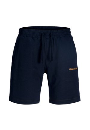 Navy blue cotton shorts with an elastic waistband and drawstring. Features side pockets and small orange embroidered logo on left side.
