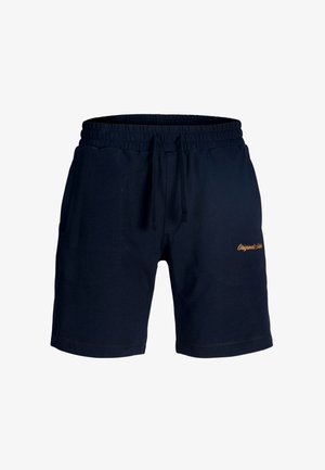 Shorts en coton bleu marine avec une taille élastique et un cordon de serrage. Comprend des poches latérales et un petit logo brodé orange sur le côté gauche.