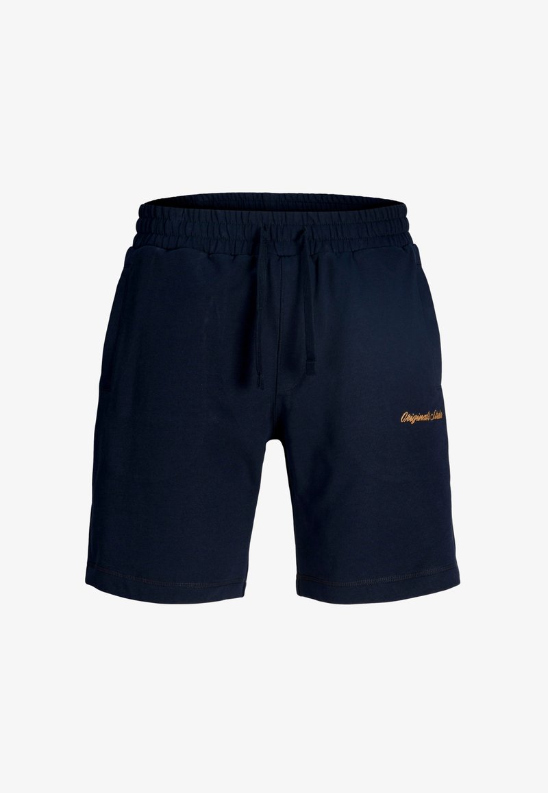 Shorts en coton bleu marine avec une taille élastique et un cordon de serrage. Comprend des poches latérales et un petit logo brodé orange sur le côté gauche.