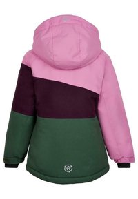 Bunte Winterjacke mit einer rosa Kapuze, oberem Abschnitt in dunkelviolett und unterem Teil in grün. Mit elastischen Bündchen und Logo am Saum.
