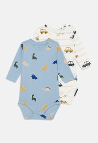 To langermonterte bodysuits: en lys blå med fargerike dinosaurtrykk, den andre hvit med bil- og striper mønstre. Mykt bomullsmateriale.