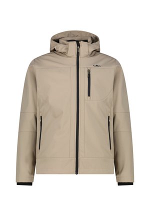Chaqueta con capucha beige con bolsillos delanteros, en el pecho y laterales con cremallera, detalles en cremallera negra y logotipo en la parte superior del pecho.