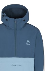Svijetloplavi i mornarsko plavi dukserica sa patentnim zatvaračem, koja ima visoki ovratnik, detalje s vezicom i akcentirane logotipe na prsima i rubu. Glatka tekstura.