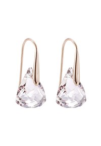 Boucles d'oreilles en cristal en forme de goutte, avec une teinte claire et rose, dotées d'un crochet en métal doré. La surface facettée reflète la lumière, accentuant l'éclat.