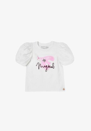 Hvid kortærmet skjorte med pufærmer, pink grafik af en enhjørning, stjernedetalje og ordet "Magical" skrevet med kursiv på forsiden.
