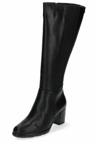 Botas negras hasta la rodilla de cuero suave con un tacón grueso. Presentan paneles elásticos en los laterales para facilitar su uso y un diseño de puntera redonda.