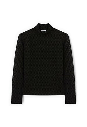 Maglia nera a maniche lunghe con collo alto, realizzata in tessuto lavorato e sfumato con un sottile design geometrico.