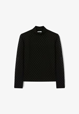 Zwarte lange mouwen turtleneck top gemaakt van een gemusterde, textuurstof met een subtiel geometrisch ontwerp en hoge kraag.