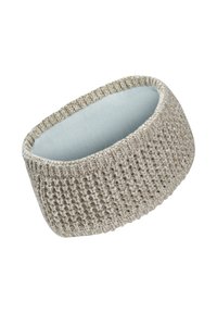 Bandeau tressé beige avec un extérieur texturé et un intérieur en polaire bleue douce. Forme arrondie, idéal pour maintenir les cheveux en place.