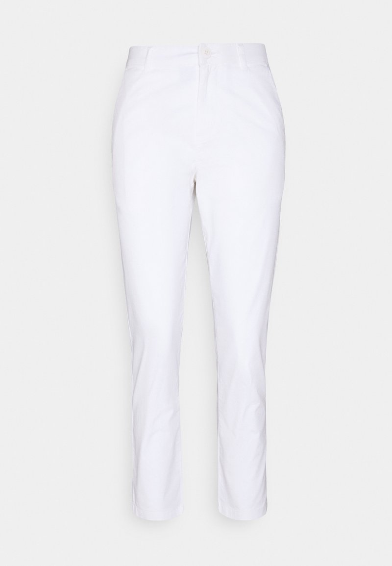 Pantalon blanc ajusté avec passants pour ceinture, fermeture à boutons à l'avant et fermeture éclair, présenté sur un fond clair uni.