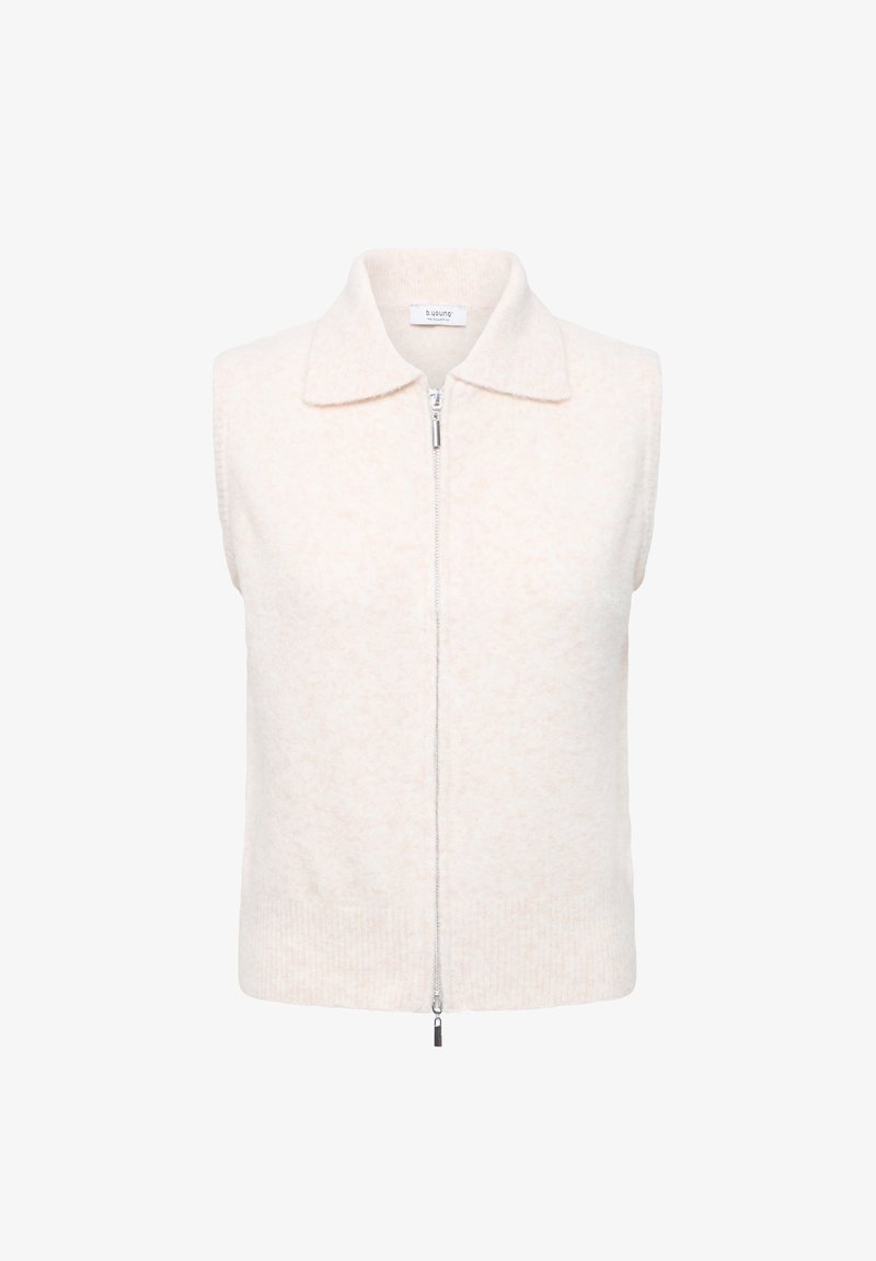 Veste sans manches en tricot couleur crème avec col et fermeture éclair argentée sur toute la longueur à l’avant.
