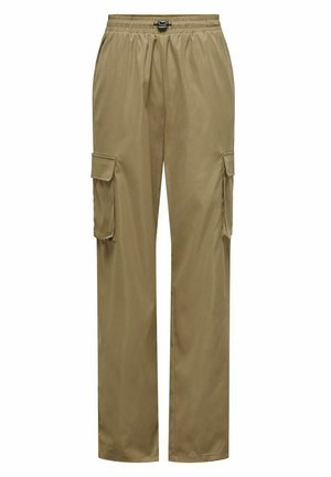 Pantaloni cargo color khaki in tessuto leggero con vita elasticizzata, due tasche laterali e due tasche con pattina sulle cosce.