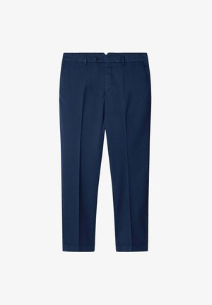 Marineblauwe broek met een knoopsluiting, vlakke voorkant, twee zijzakken en een getailleerde pasvorm. Gemaakt van een lichte stof met een gladde textuur.