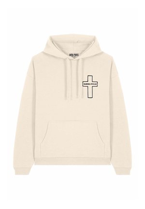 Beige hoodie met een voorzak, een trekkoordkap en geborduurde tekst "KARMA KILLS" naast een kruisontwerp op de linkerkant van de borst.