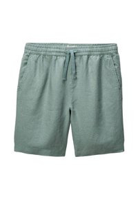 Shorts vert clair avec une taille élastique et un cordon de serrage, dotés de deux poches latérales et d'un tissu doux et texturé.