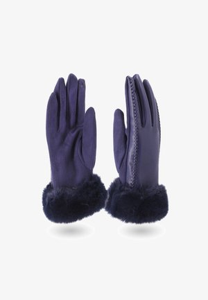 Un paio di guanti invernali blu scuro con polsini in pelliccia, uno presenta un palmo in suede e l'altro un dorso in pelle liscia con cuciture decorative.