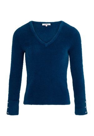 Maglione blu, texture con scollo a V, maniche lunghe e dettagli con bottoni sui polsini; realizzato in materiale morbido e peloso per garantire calore.
