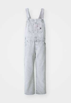 Gray denim overalls with adjustable straps, a front pocket, and side pockets; loose, straight-leg design; faded wash with minimal texture.