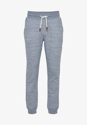 Light gray athletic joggers with a textured fabric, elastic waistband, and adjustable drawstring featuring brown leather tips.