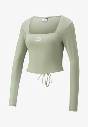 Top verde chiaro a maniche lunghe e corto, realizzato in tessuto morbido, con scollatura quadrata, coulisse nell'orlo e logo bianco Puma.