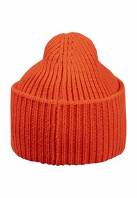 Knitted orange beanie with vertical ribbing, rounded crown, and folded brim. Made from a soft, textured yarn material.