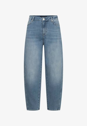 Hellblaue Jeans aus Denim mit hoher Taille, Knopf- und Reißverschluss, Taschen vorne und hinten sowie einer schmal zulaufenden Beinpassform.
