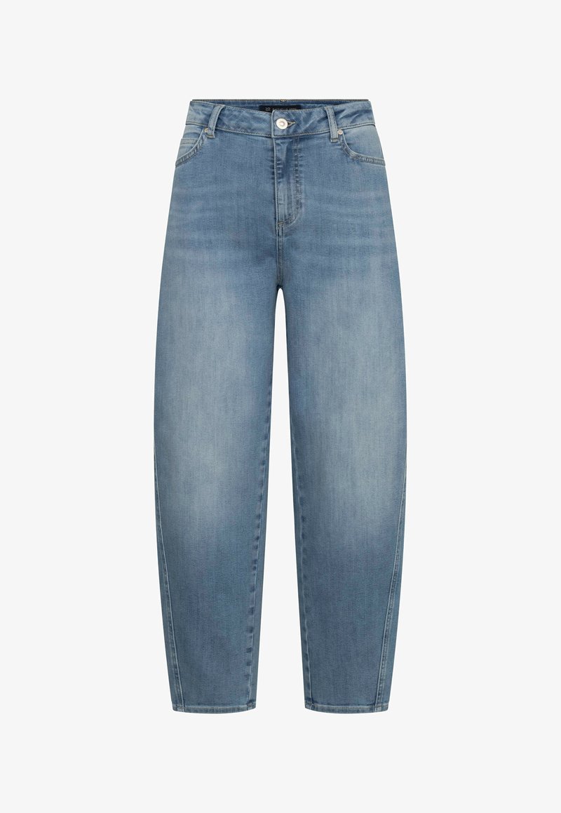 Light blue denim jeans with a high waist, button and zipper closure, front and back pockets, and a tapered leg fit.