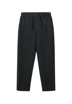 Dark gray casual pants with an elastic waistband, drawstring, and side pockets, displayed against a white background.