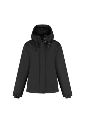 Zwarte hoodiejack met ritssluiting aan de voorkant, drukknoopsluiting, verstelbare polsbanden en trekkoorden op de capuchon.