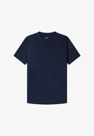 Marineblauwe katoenen T-shirt met korte mouwen, ronde hals en een eenvoudig ontwerp. Zachte textuur zonder zichtbare patronen of accenten.