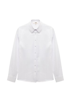 Camicia bianca a maniche lunghe con colletto a punta, realizzata in tessuto liscia. Presenta una chiusura frontale con bottoni e una vestibilità sagomata.