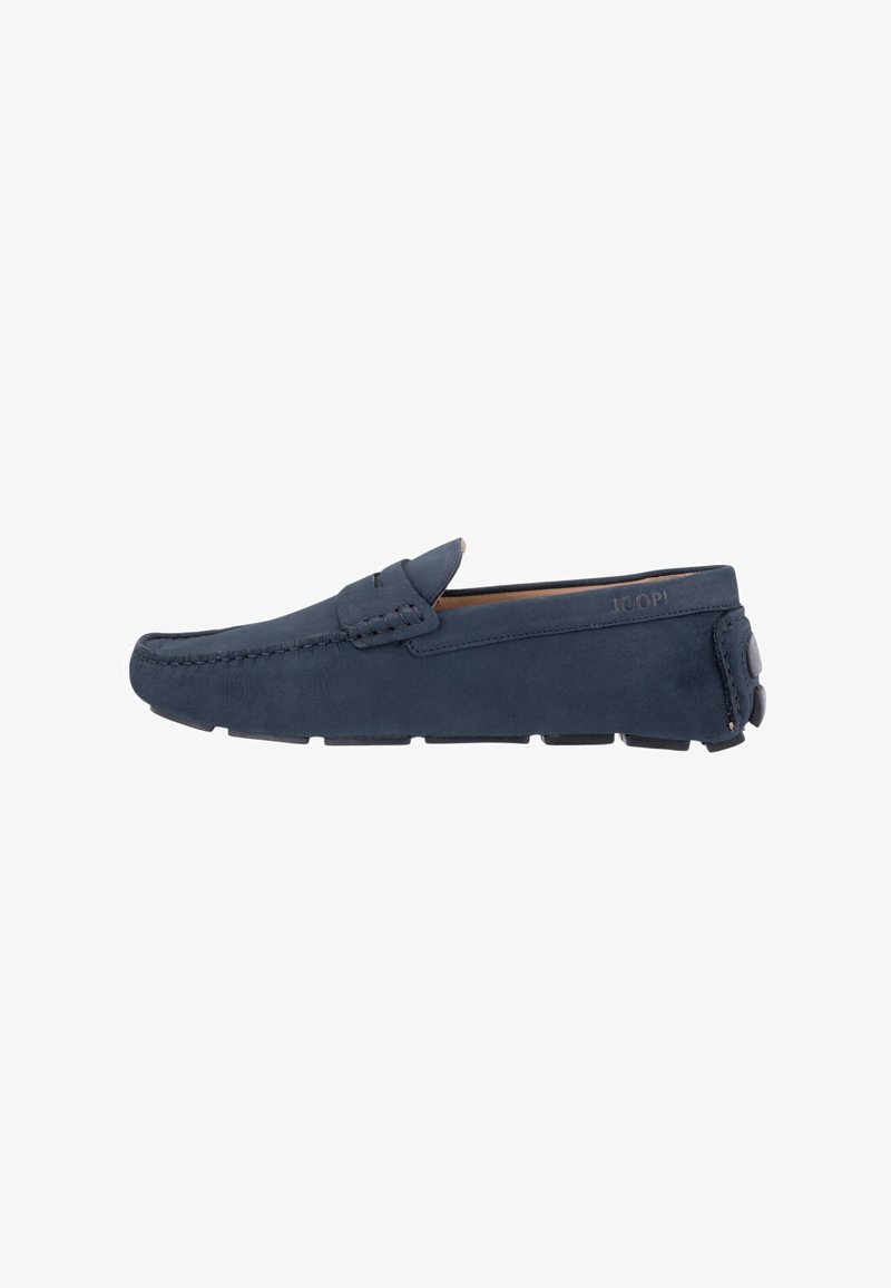 Navyblaue Wildlederslipper mit Mokassin-Design, featuring Stickakzente, Gummisohle und einem Etikett auf der Rückseite.