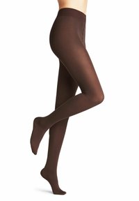 Collant marrone opaco con una texture liscia, dotati di un ampio elastico in vita e design senza cuciture, che si estendono dalla vita alle dita dei piedi.